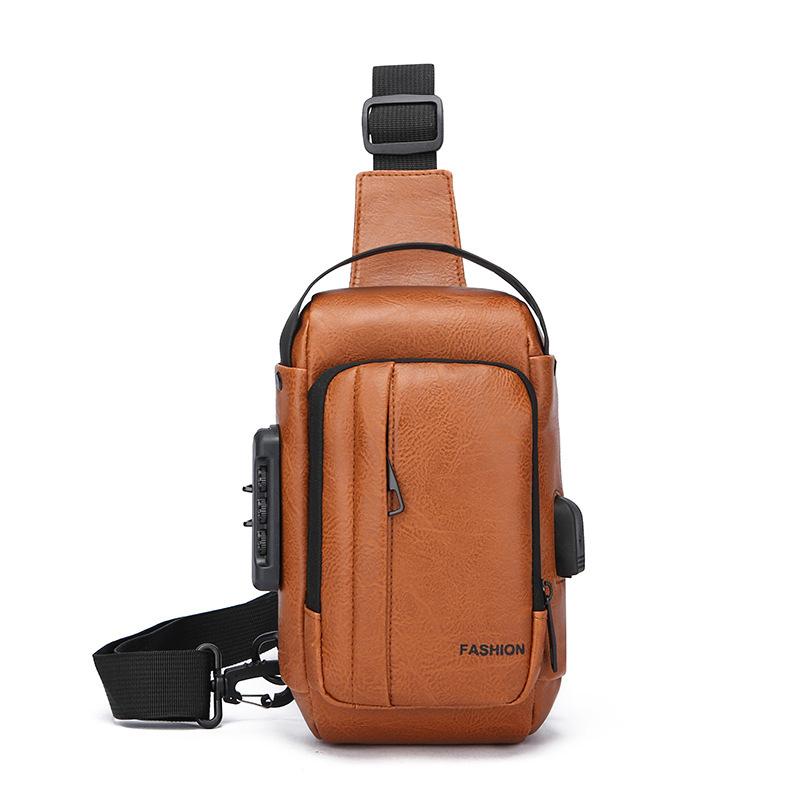 Men's Chest Bag Anti-theft USB Business Messenger Bag Multifunctional Water Repellent Shoulder Bag PU Commuter Backpack Men