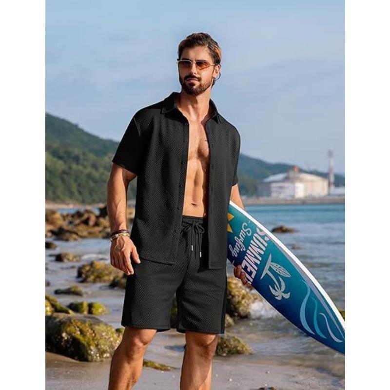 

Mens Casual Textured Short Sleeve Button Up Shirt And Drawstring Shorts 2 Piece Set S чёрный