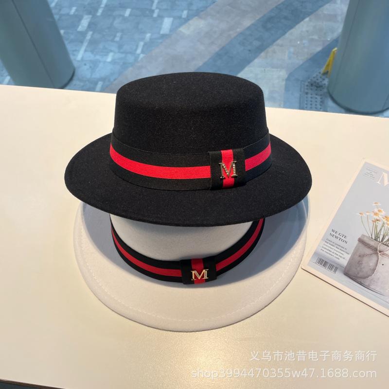 European and American Casual Fashion Autumn and Winter Top Hat Black and Red Accessories Classic Flat-top Felt Hat High-end Temperament Jazz Top Hat