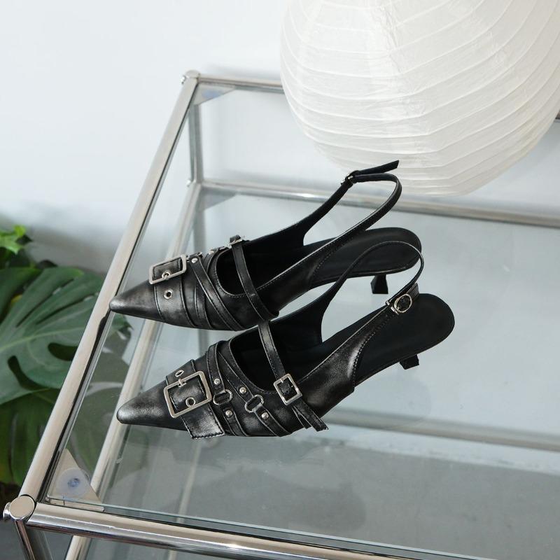 Pointed-toe Shoes Half Slippers Women's Outerwear Button-up Flip-flops and High Heels