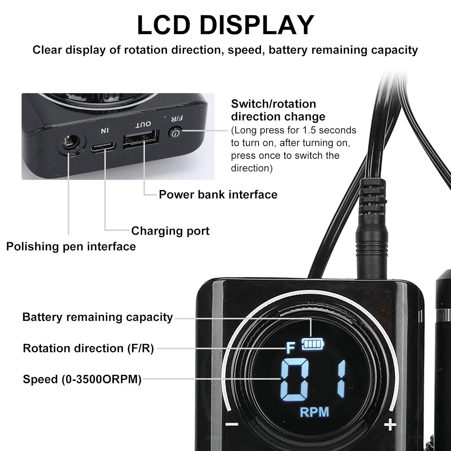 plplaaoo 35000RPM Rechargeable Electric Nail Drill, Portable Nail Polishing Machine, LCD Display Nail Tool, ABS Material, Model: