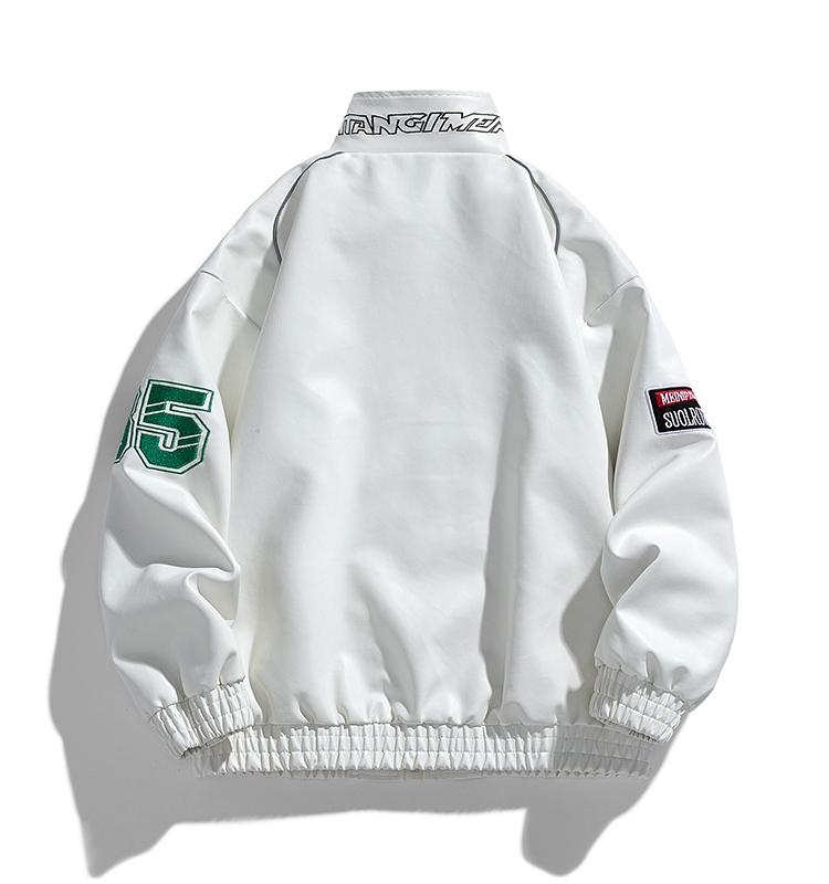 Heren Leren Jas Pu Letter Borduurwerk Motorjas Retro Hip Hop Windjack Bikerjas Street Fashion Zwart Wit Groen