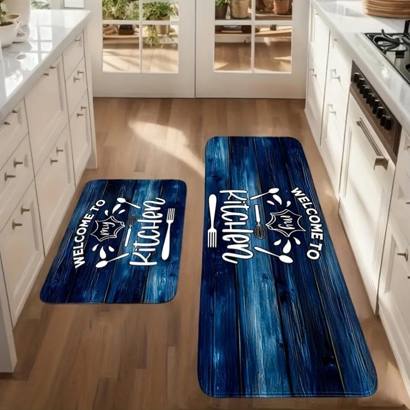 1Pcs Blue Woodgrain  Pattern Floor Mat Modern Kitchen Polyester Rug Non-Slip Colorful Indoor Carpet, For Home Bathroom Bedroom Living Room Decor