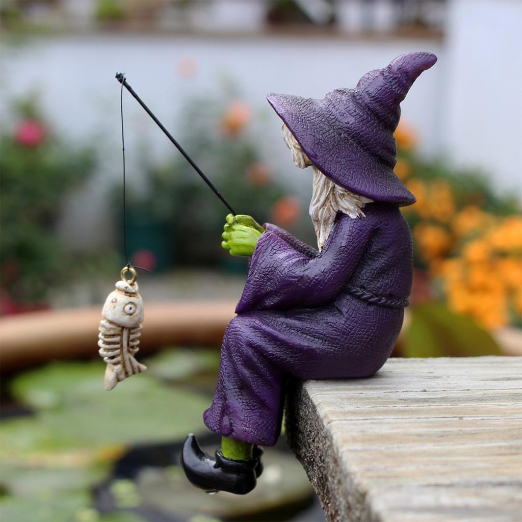 Witch Fishing Statue Resin Garden Microscopic Craft Sculpture Festival Witch Decoration