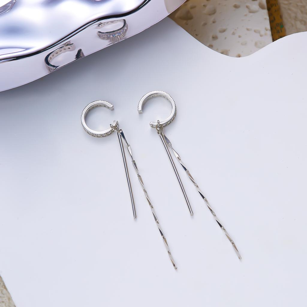 Luxury Cubic Zirconia Tassel Ear Cuff Earrings for Women Silver Tone Long Dangle Jewelry Evening Party Gift Accessories Set