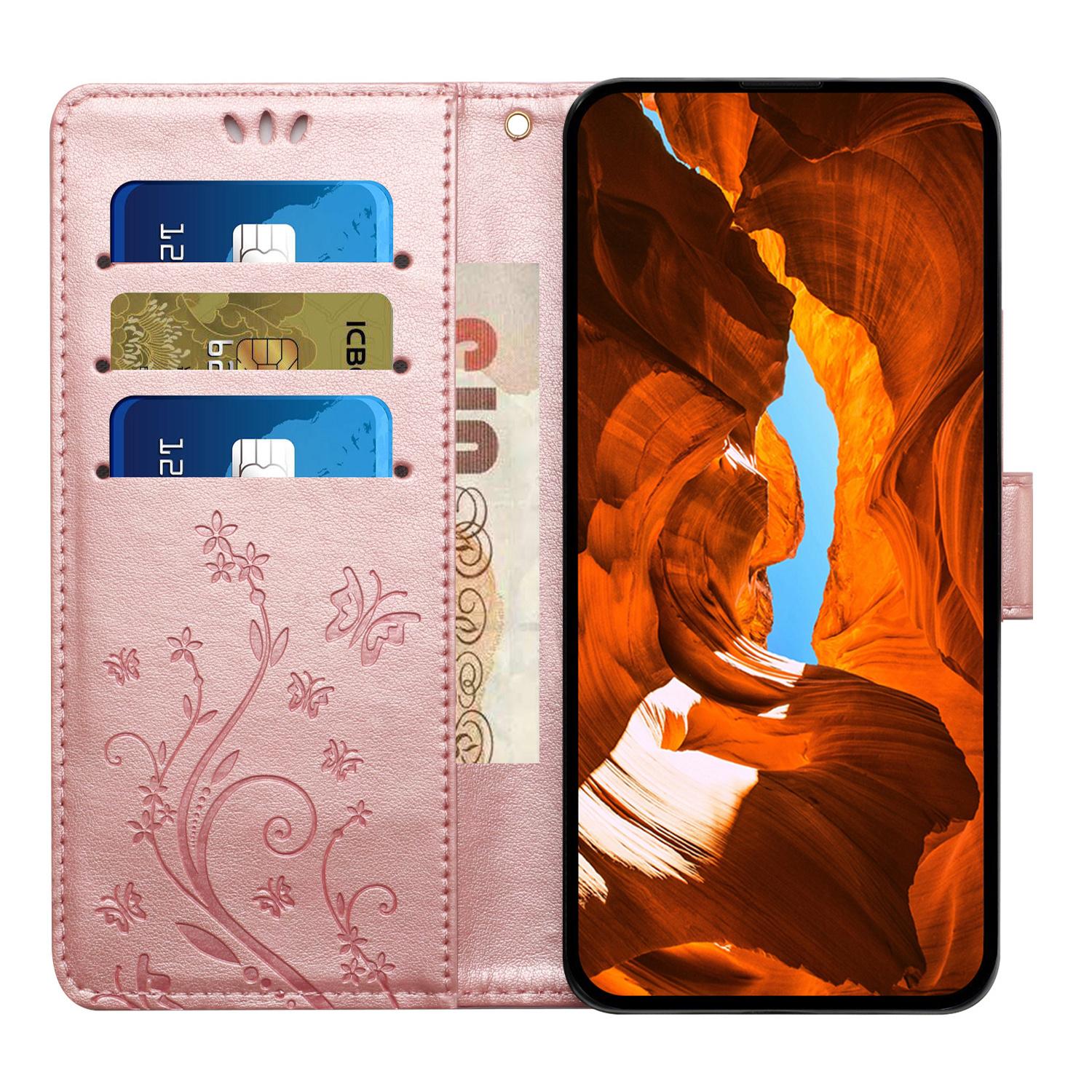 

For iPhone 16 Plus Case Wallet PU Leather Butterfly Floral Phone Cover with Strap Rose Gold