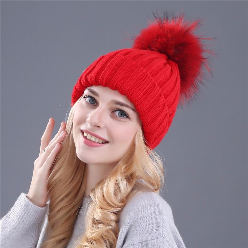 Xthree Berretto Invernale in Maglia con Pompon in Vera Pelliccia per Donna Cappello Berretti Cappellini Nuovissimo Spesso Cappello Femminile Cappellini Berretti