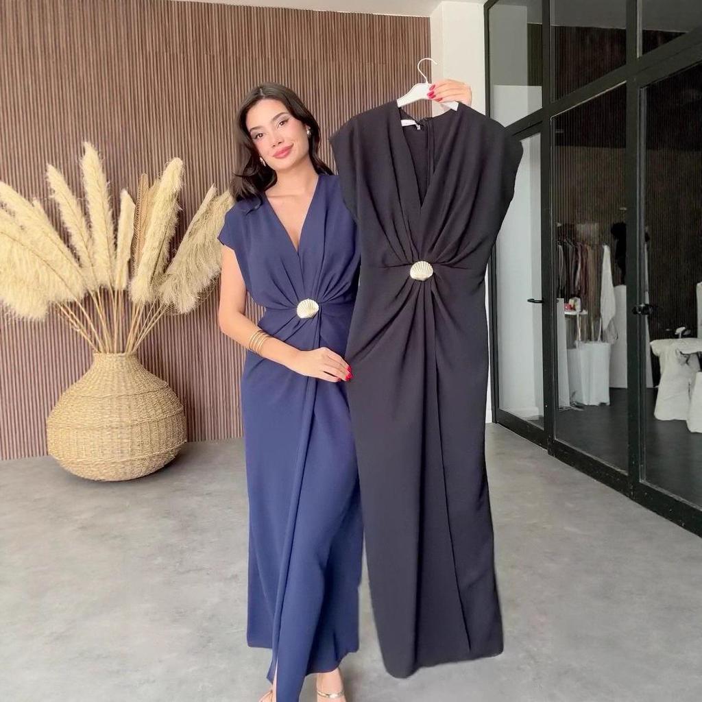 European & American V-Neck Waist-Cinching Pleated Slit Dress - Summer 2025 Collection