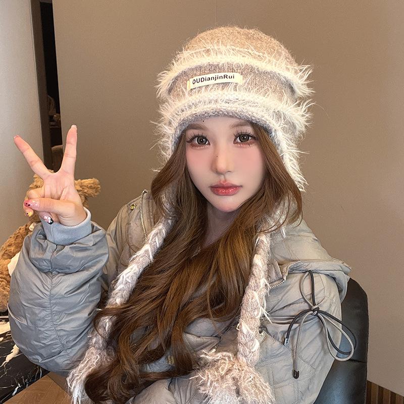 Warm Plush Hat for Women's Tassel Ear Protection Knitted Hat Outdoor Cold Protection Versatile Cold Hat Showing Face Small Wool Hat
