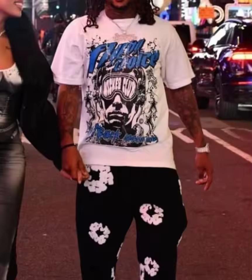 American High Street Hip Hop Summer Men's Cotton T-shirt Retro Y2k Printing Loose Short-sleeved Couple Top Men's Tee