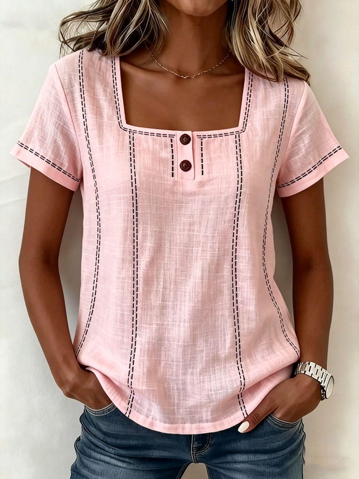 Women Casual Loose Printed Button Short Sleeve Blouse S розовый