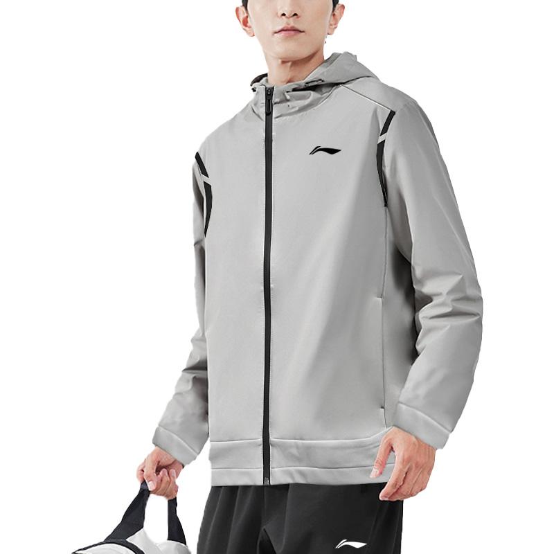 Li-Ning Letter Print Sports Casual Hooded Raglan Loose Zipper Jacket Men jackets Coin-Gray AFDUA71-2