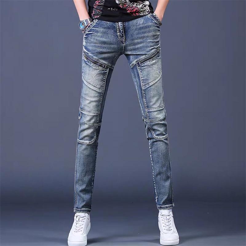Men's Slim Fit Washed Retro Stretch Jeans - Trendy Skinny Motorcycle Pants for Spring and Autumn