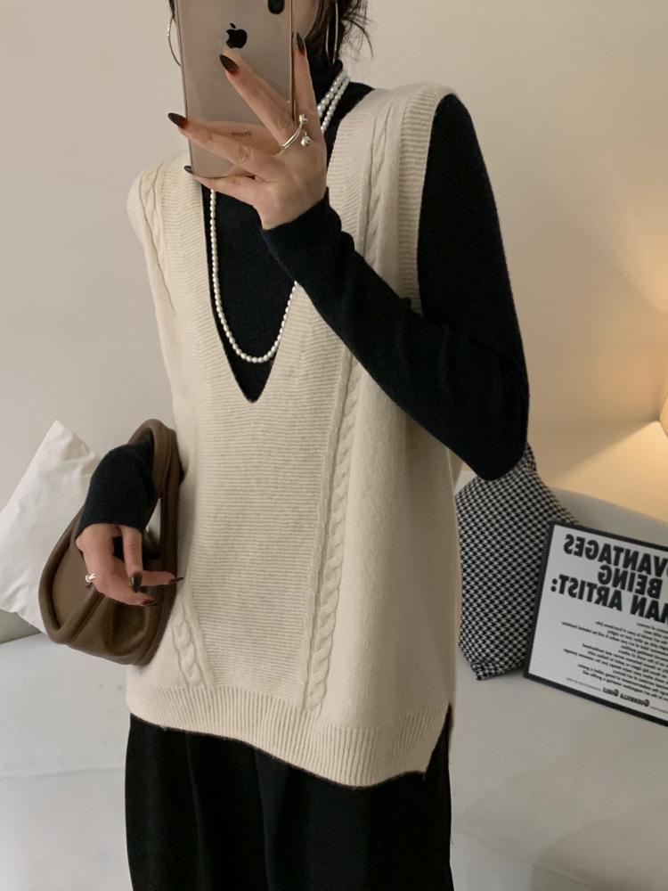 

Женский повседневный жилет без рукавов с V-образным вырезом, связанный кабельным узором из 100% шерсти, для многослойности осенью/зимой Large