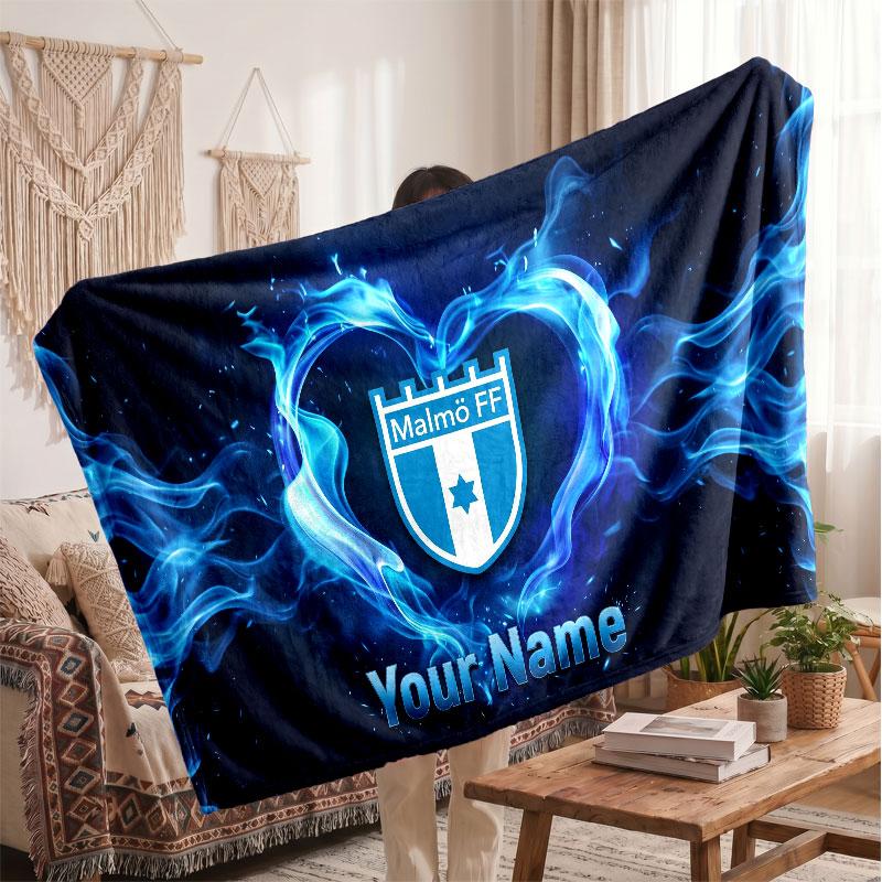 Malmö FF Personalized Fleece Blanket With Football Logo, Custom Name Text Soft Warm Home Throw Blanket