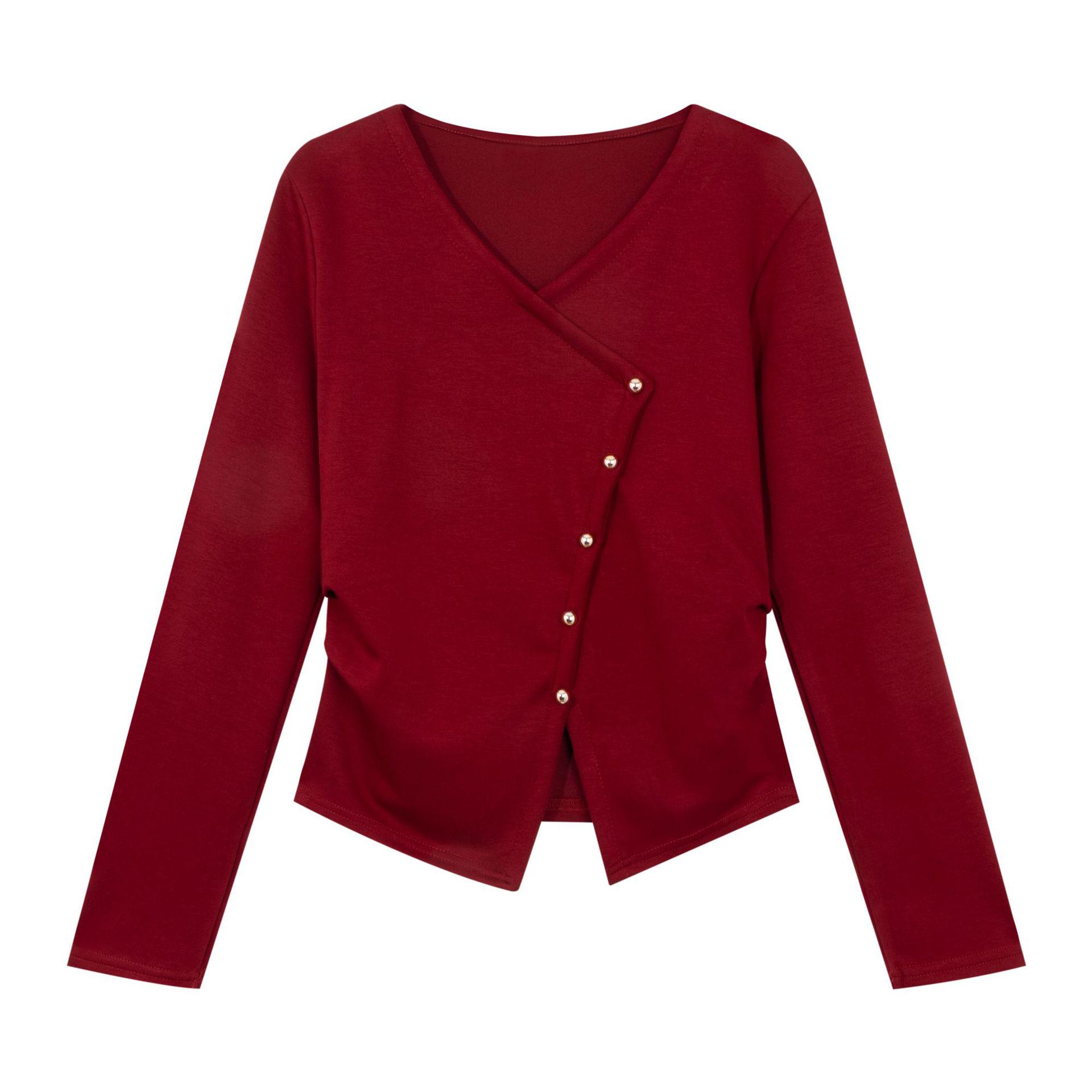 

Plus-Size Women s Slimming Long-Sleeve Base Layer Top - Irregular, Slim-Fit, Chic Design to Conceal Belly M (recommended for 45-50 kg) червоний