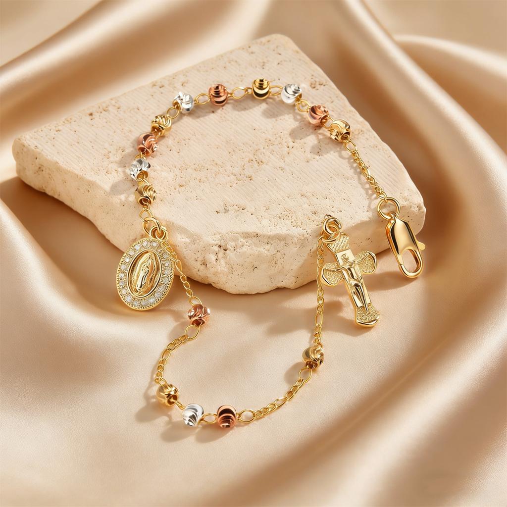 Luxury Retro Virgin Mary Tri-color Bead Cross Bracelet for Women, Adjustable Chain Jesus Pendant Bracelet, Religious Jewelry