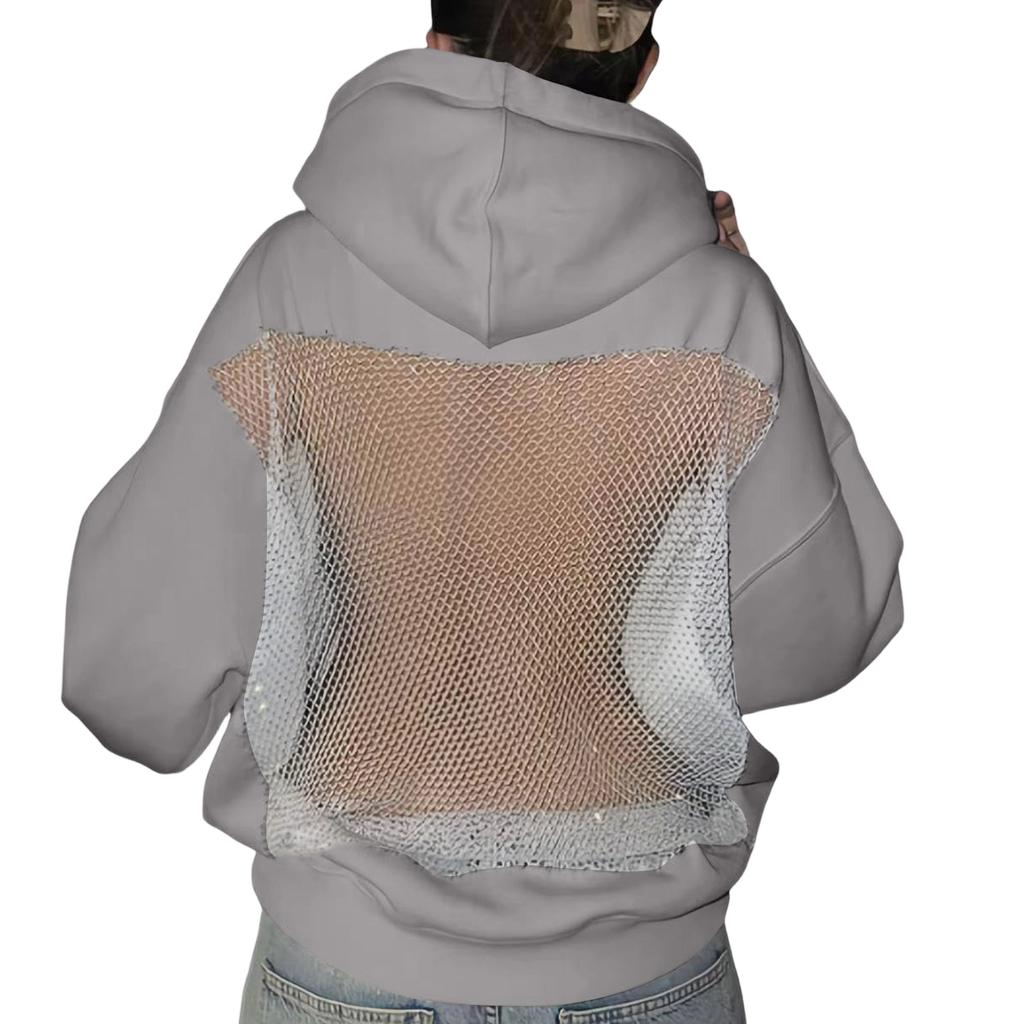Women's Color Fashionable Backless Hollow Mesh Long Sleeved Hooded Sweatshirt