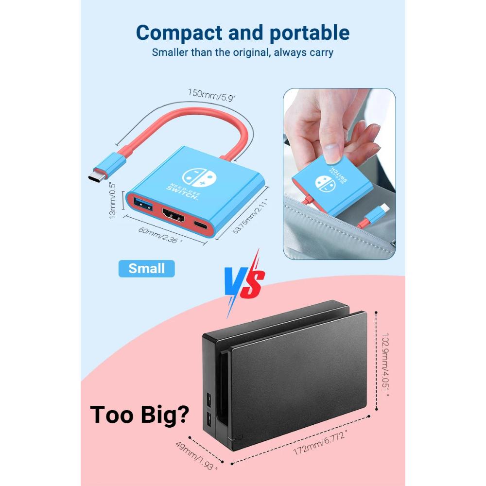 FOR Portable Nintendo Switch Docking Station TYPE-C Hub with HDMI and USB 3.0 Perfect for Travel and Gaming