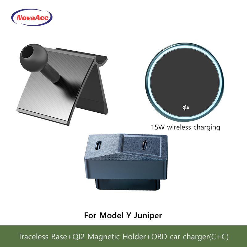 Auto Magnetischer Kabelloser Lade-Handyhalter Für Tesla Model Y Juniper Model 3 Highland 2021-2025 Transparente Basis OBD-Ladegerät