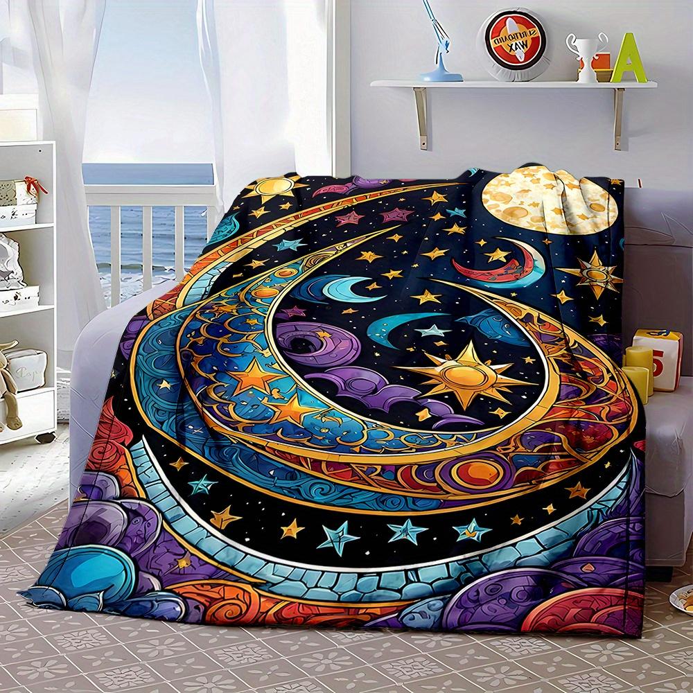 1pc, Cartoon Story Style, Starry Sky & Beautiful Moon Print, All-Season Reversible Fleece Blanket, Polyester Flannel,