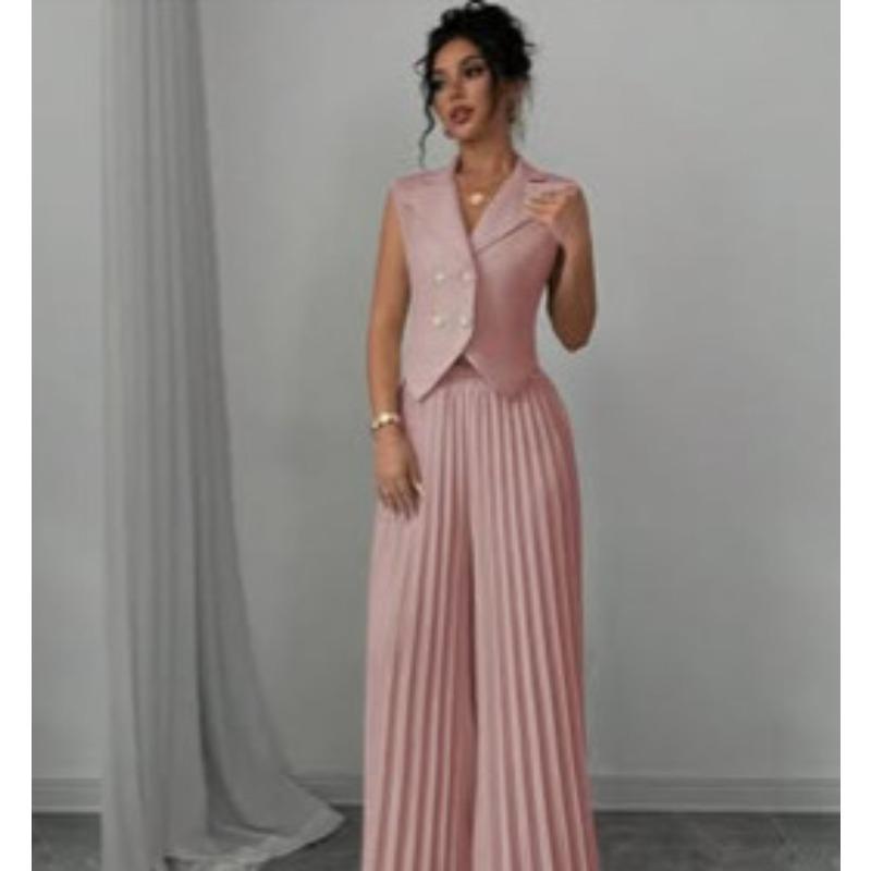 Women's Sleeveless Double Breasted Blazer Vest Two Piece Set High Waist Pleated Wide Leg Pant Elegant Casual Outfit