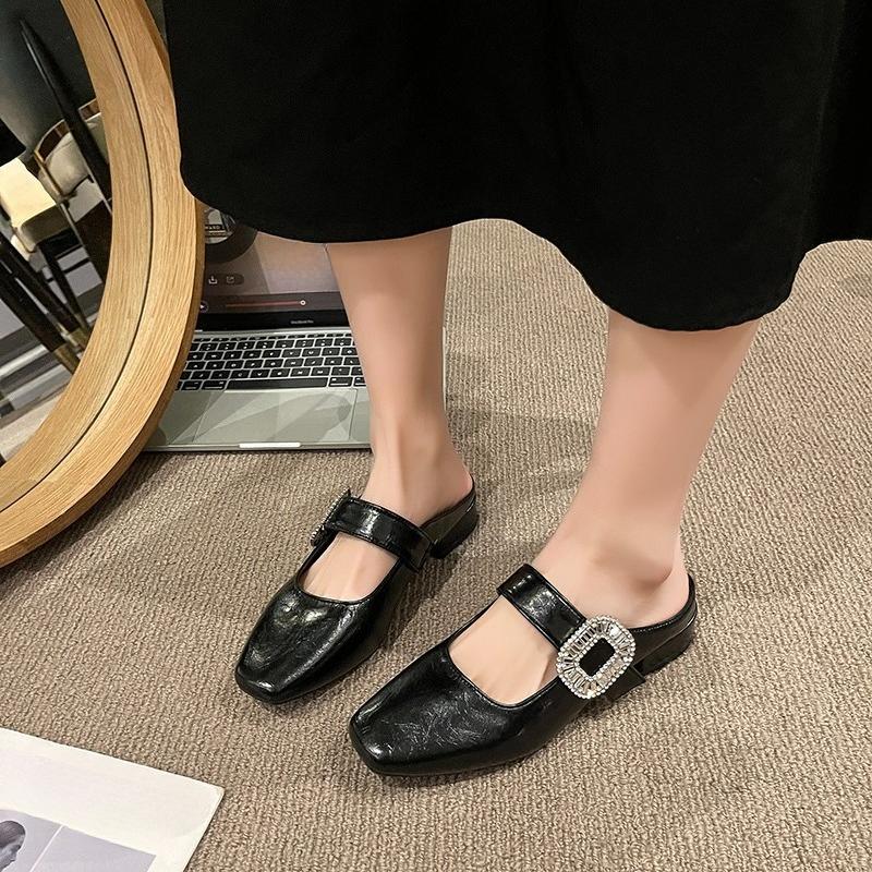Fashion 2025 New Fashion Square Head Rhinestone Buckle Strap Sexy Slingback Sandals Women Pumps Slippers Low Square Heels Banquet Shoes