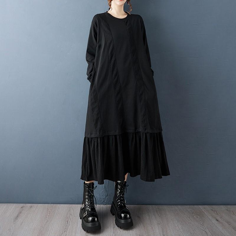 Long Sleeve Plus Size Black Cotton Vintage New In Dresses for Women Spring Autumn Casual Loose Dress