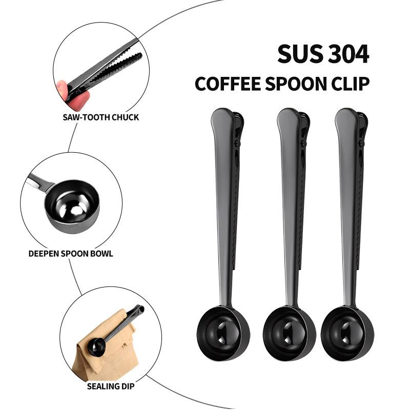 Cuchara de café de acero inoxidable dos en uno con clip de sellado, cuchara para café de cocina, clip de sellado para alimentos, cuchara medidora multifunción para granos de café
