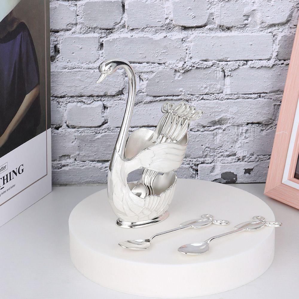 Creative and Cute Tableware Fruit Spoon Metal Swan Base Holder High-end Metal Coffee Spoon Set