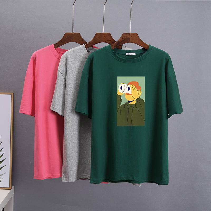 Hirsionsan Nya roliga tecknade T-shirts Kvinnor Kawaii Casual Oversized Tees Par Mjuk bomull O-hals Kvinnliga Grafiska Toppar
