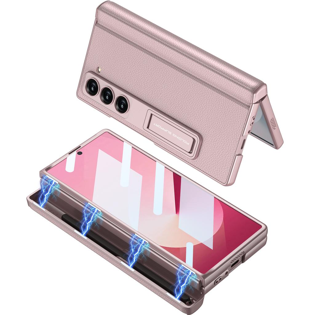 Samsung Fold6 Mobile Phone Case Full Inclusive Anti Fall Magnetic Suction Hinge Folding Rotating Shaft Plain Leather Pen Case Shell Film Sleeve