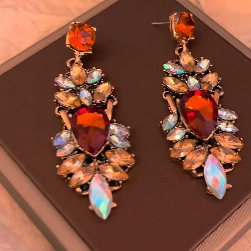Super Flash Crystal Retro Ethnic Style Earrings, High-End Female Exaggerated Long Earrings, Ear Jewelry