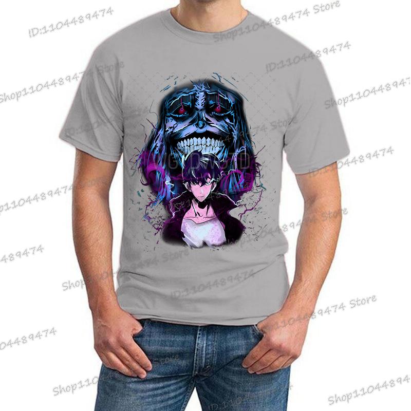 Japanese Anime Solo Leveling T Shirt Men Sung Jinwoo God Statue Cartoon Graphic Tees Harajuku Short Sleeve High Quality Tshirt