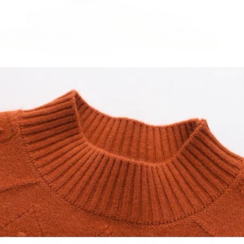 Women's Semi High Neck Retro Sweater Autumn and Winter Jacquard Color Blocked Knitted Sweater Top for Women