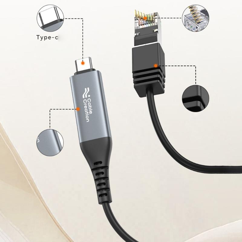 1000Mbps Gigabit Ethernet Type C To RJ45 Cable for Fast Speed Stable Corded Connection Plugs Play Design