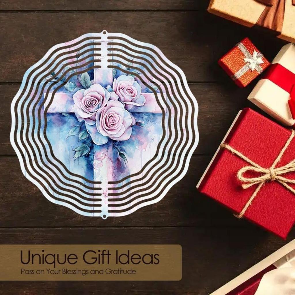 Metal Wind Spinner with 3D Rose Floral Cross Design Rotating Outdoor Garden Decor for Yard Patio Balcony