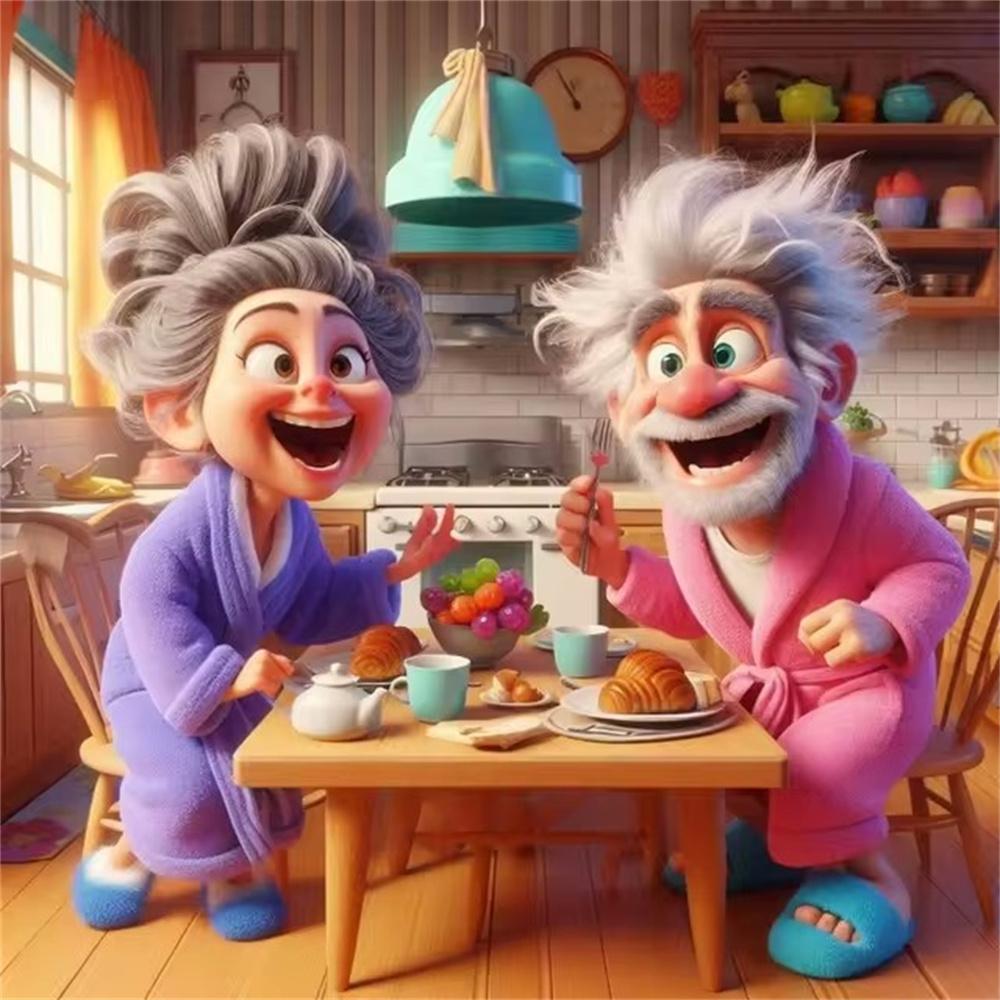 Cartoon Happy Old Couple 5D Full Round Diamond Painting Kits, Cute Grandma and Grandpa DIY Drills Mosaic Embroidery Cross-stitch