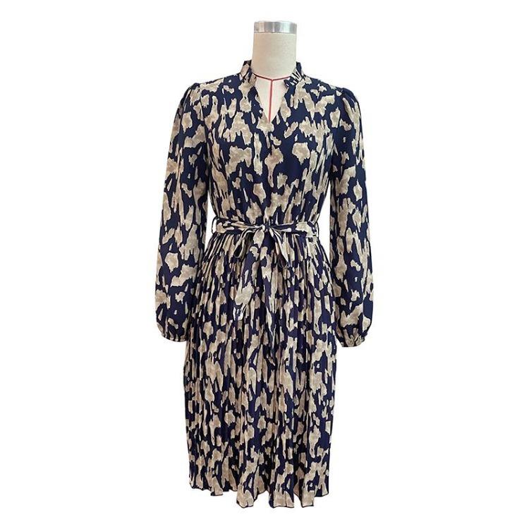 Women Spring Dress Long Sleeve Pleated High Waist V Neck Lace Up Print