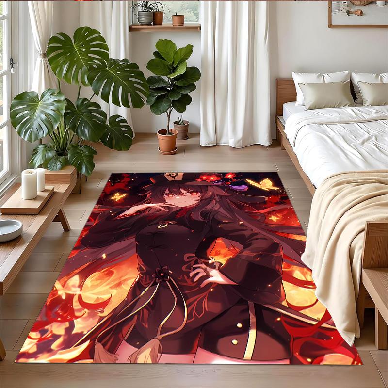 Anti‑Slip Crystal Velvet Floor Rug, Genshin Impact Design Carpet for Indoor Living Bedroom Home Decoration