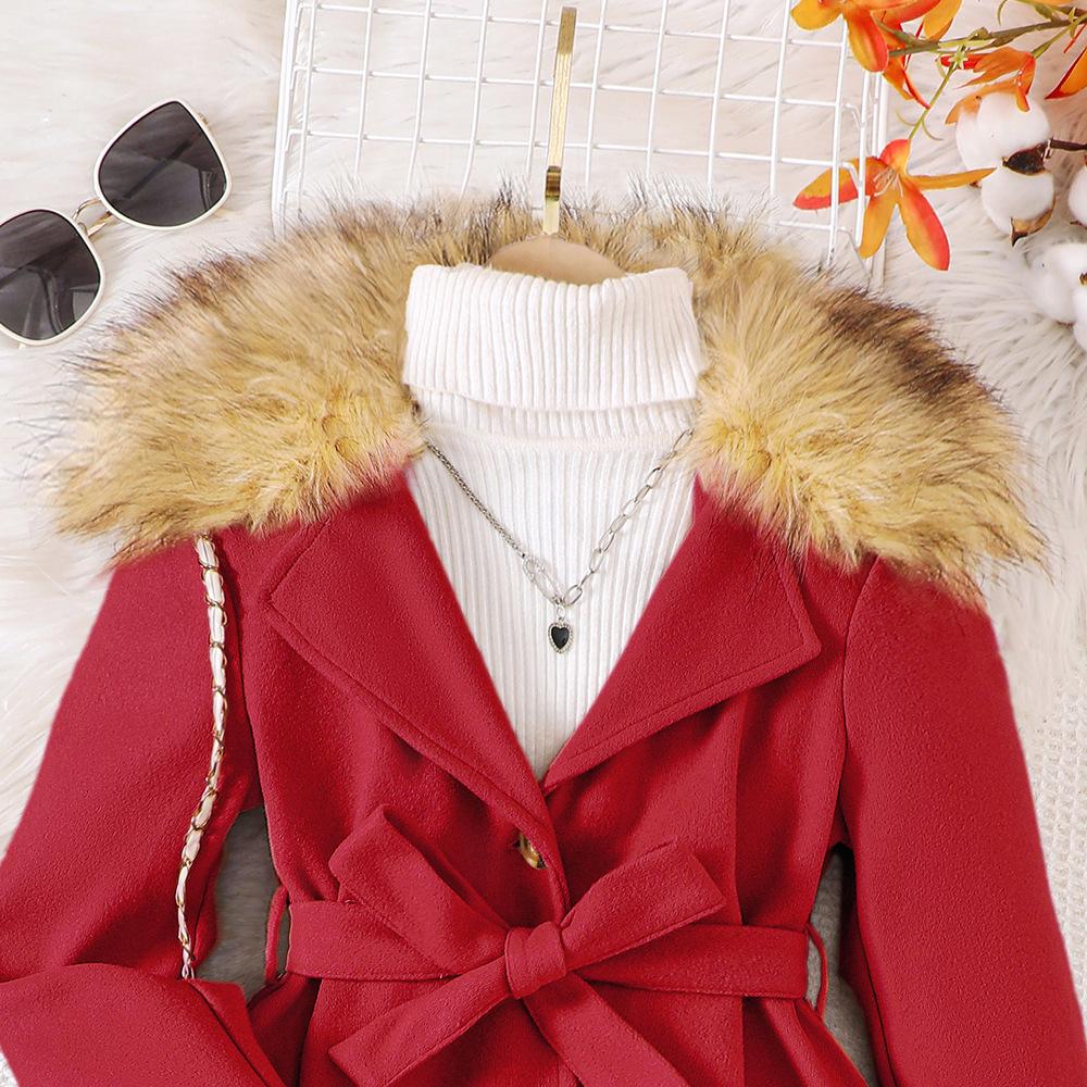 Dětské oblečení Nové produkty pro velké děti a dívky Zimní vlněný límec Velké klopy Vlněný jednobarevný kabát