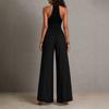 Tuta da donna con scollo all'americana e scollo a V profondo, gamba larga, incrociata sul retro con laccetti, traforata, casual, vestibilità ampia, pagliaccetto estivo