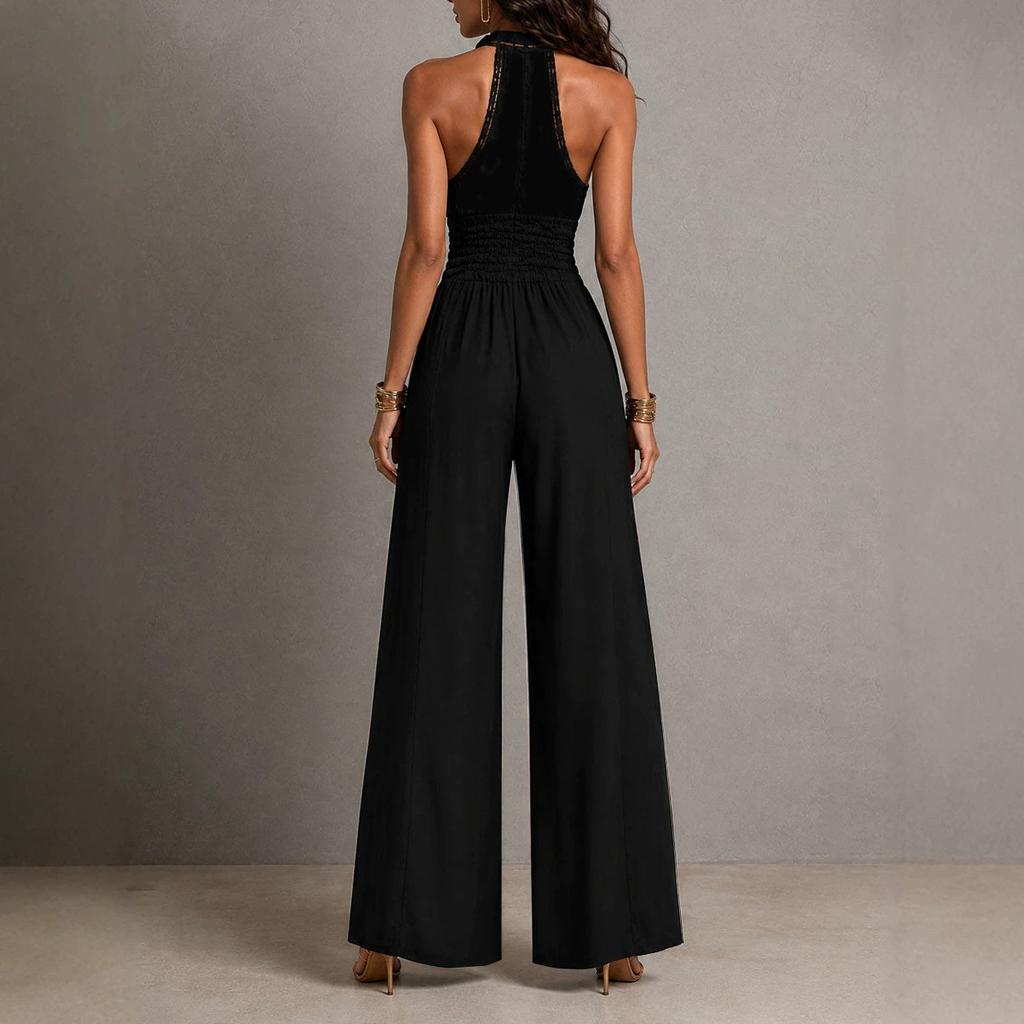 Tuta da donna con scollo all'americana e scollo a V profondo, gamba larga, incrociata sul retro con laccetti, traforata, casual, vestibilità ampia, pagliaccetto estivo