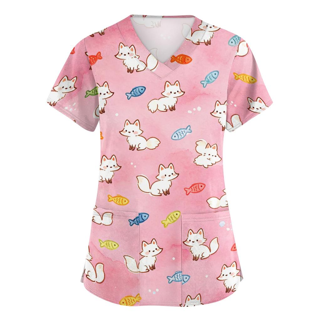 Women's V Neck Short Sleeve Work Top with Pockets Animal Print Medical Scrub Shirt for Healthcare Professionals Comfortable Fit Durable Fabric
