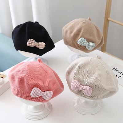 Meisjes Gebreide Baret Leuke Strik Prinses Kunstenaar Schilder Pet Effen Kleur Gehaakte Hoed Herfst Winter Warm Kinderen Mutsen