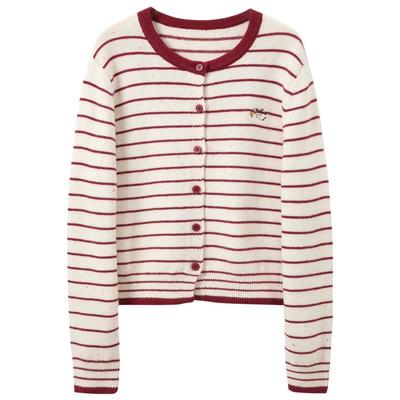 Sancai Women's Round Neck Striped Knit Cardigan