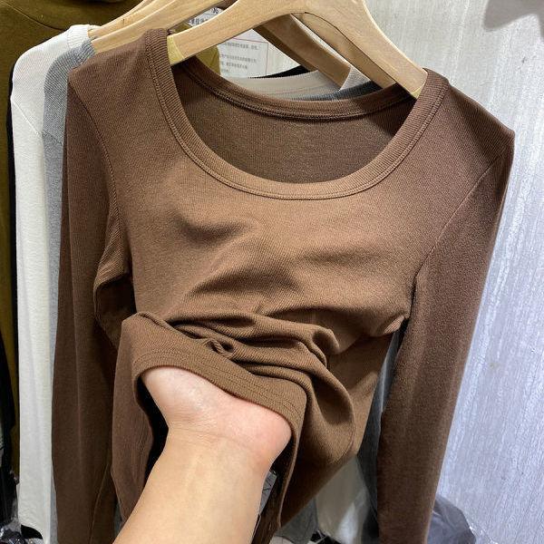 

Весенняя однотонная универсальная футболка с длинным рукавом, новый женский тонкий топ с подкладкой XXL