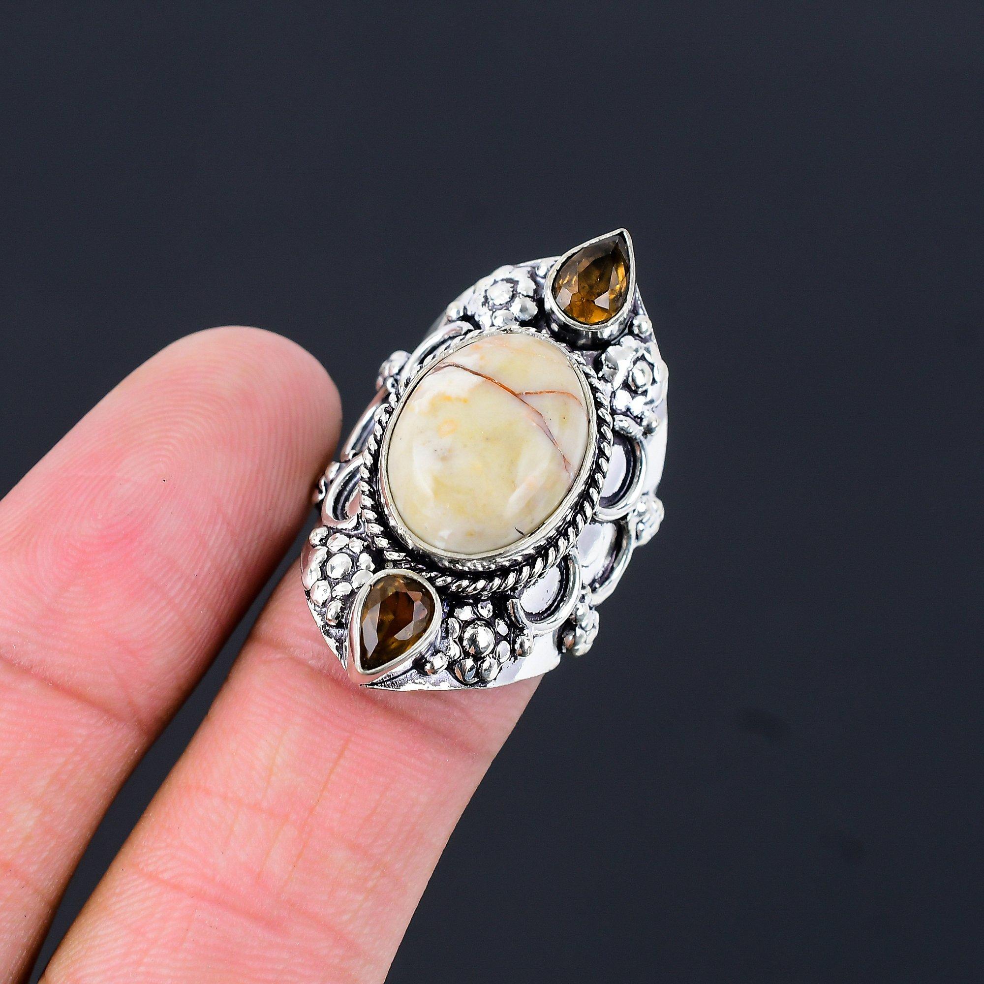 Oval Natural Mookaite Citrine 925 Silver Artisan Stackable Wedding Ring US 7.5 7.5