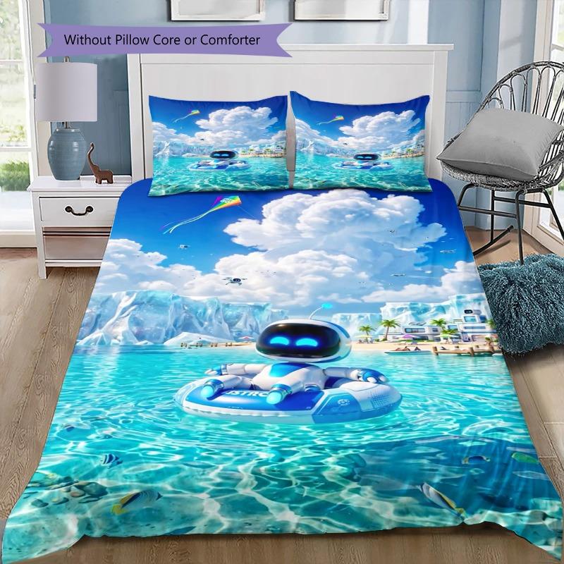 Astro Bot 3Pcs Bedding Set, Duvet Cover with 2 Pillowcases, Space Alien Robot Print Bed Linen, No Comforter No Pillow Core