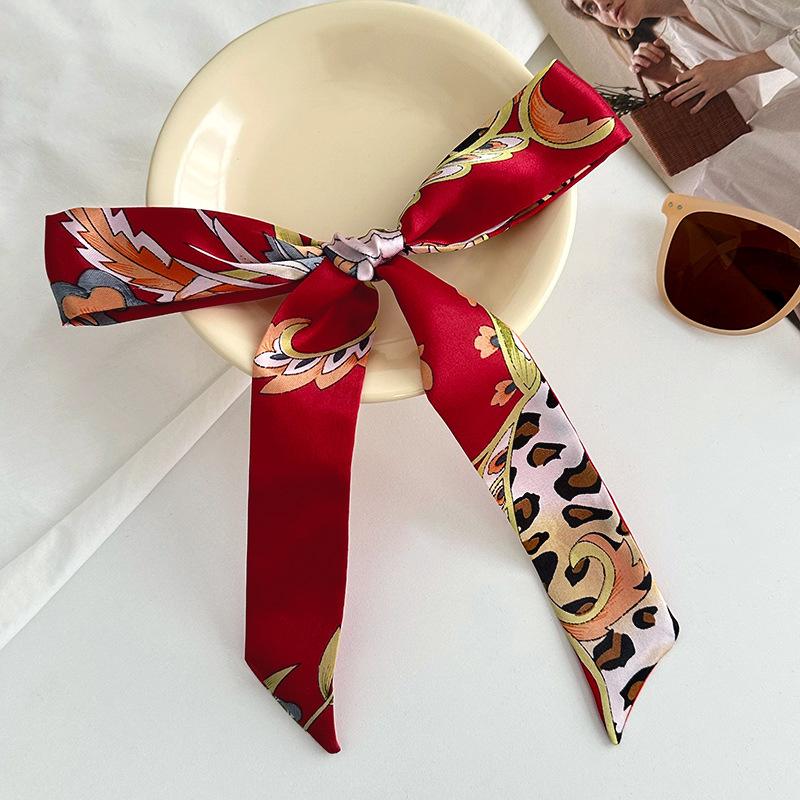 Long silk scarf new niche fashion versatile plaid leopard print neck scarf headscarf headband hair tie decorative belt